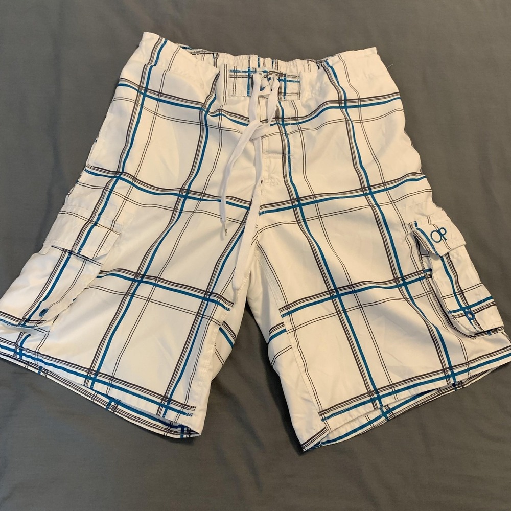 OP Ocean Pacific Shorts Mens‎ Medium White Blue Plaid Board Swim Trunks Cargo